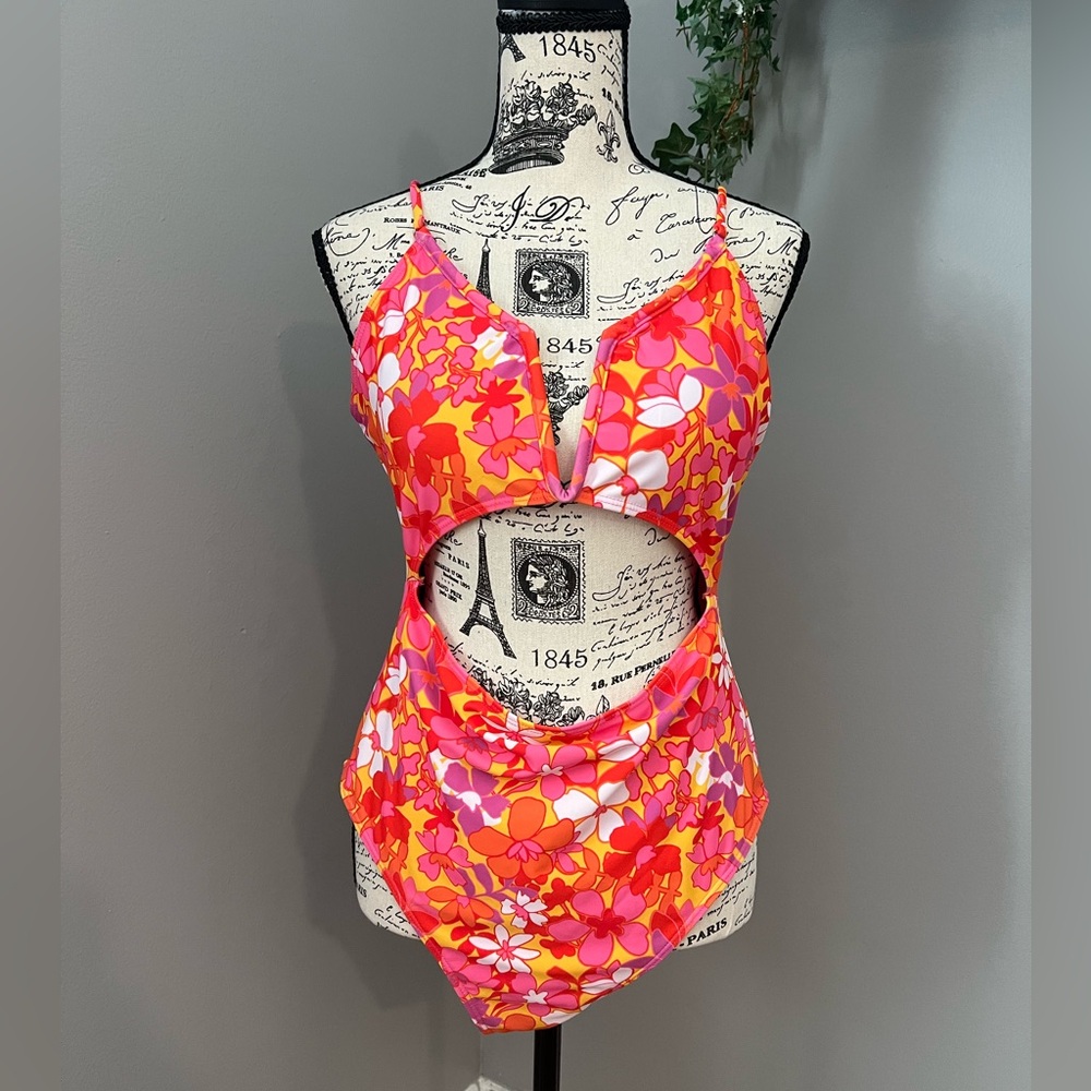 NWOT - Pink Lily One Piece Cut Out Vibrant Floral Swimsuit